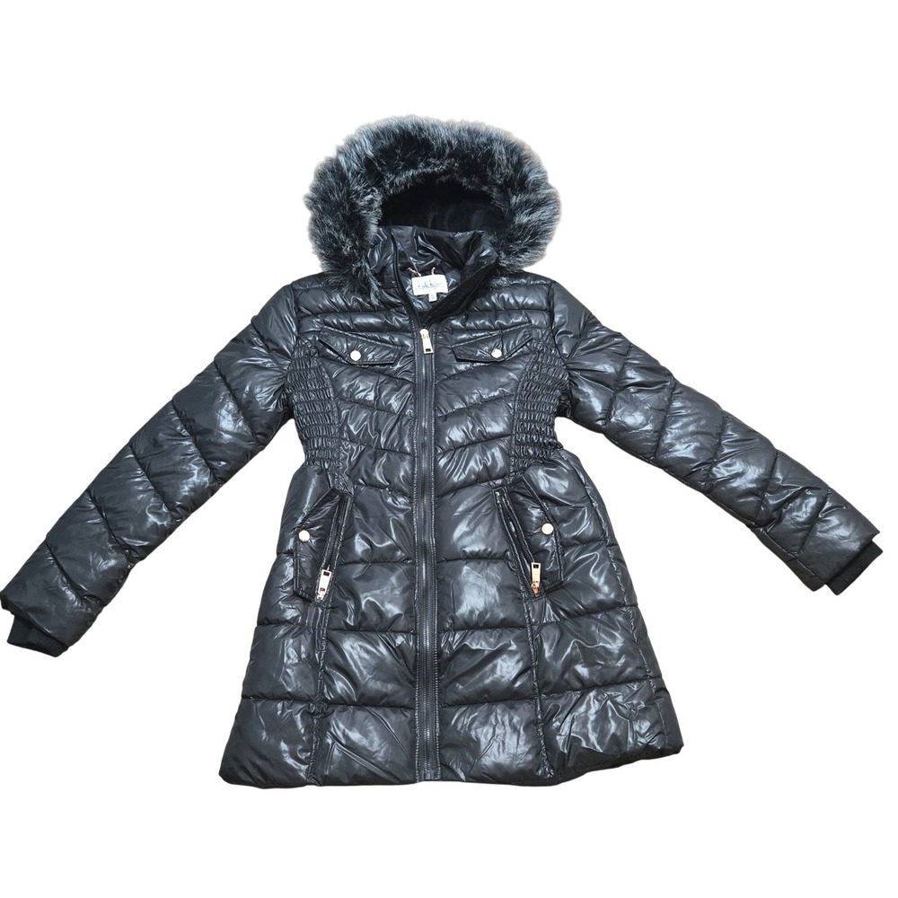 Nicole Miller Studio Black Puffer Coat Faux Fur Hood Rose Gold Hardware XL